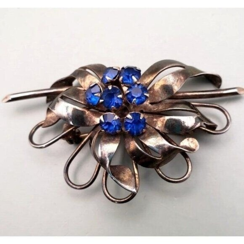 Vintage‎ Sterling Silver Brooch Blue Stones Retro Patina